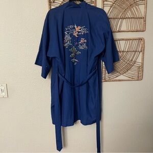 Vintage Health Asian Chinese Embroidered Kimono Robe Blue Sz L ‎ B33